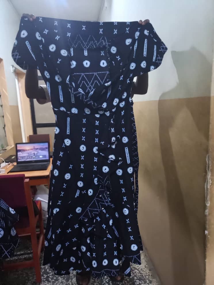 Adire wrap gown with beads and belt